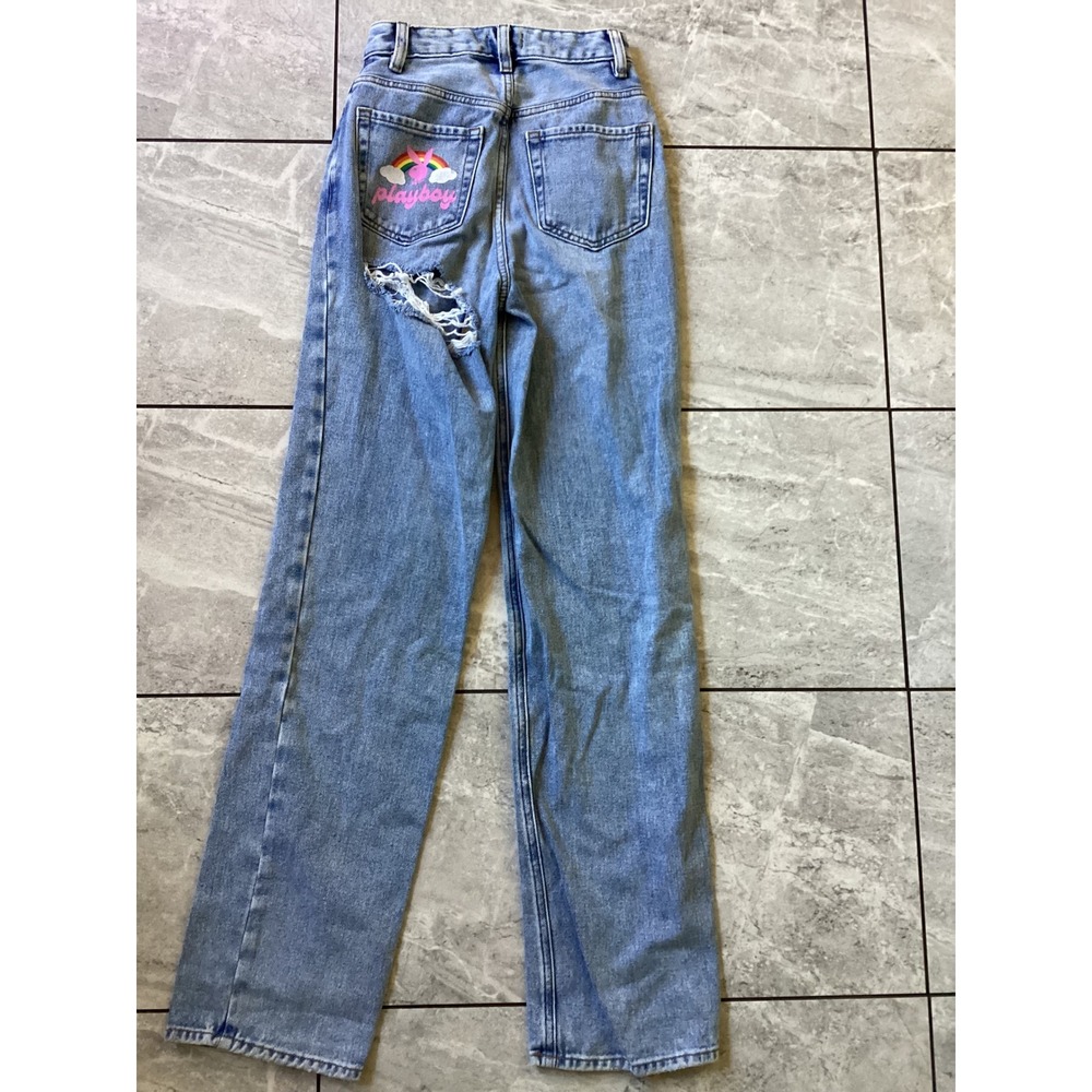 PacSun Playboy High Waisted Straight Leg Distressed Jeans Light Wash 23